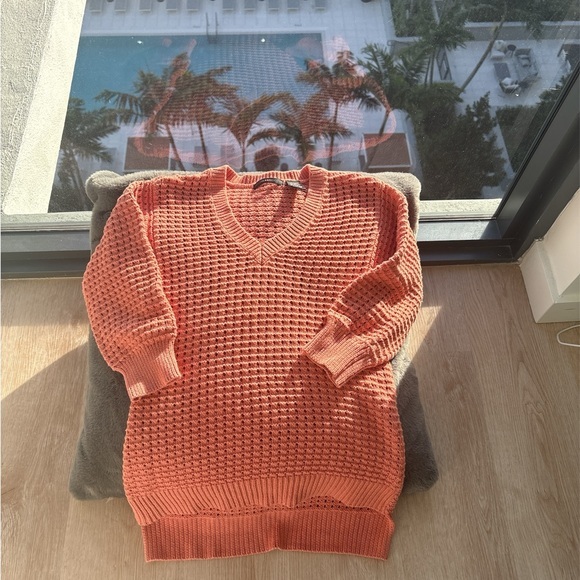 Preswick & Moore Sweaters - V-neck Open Knit Sweater by Preswick & Moore in Coral color and WAFFLE KNIT
